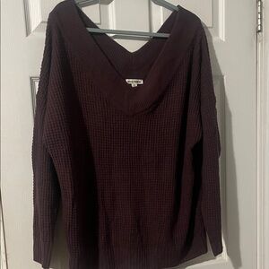 Zenana Outfitters Deep Plum Waffle Knit V-Neck Sweater